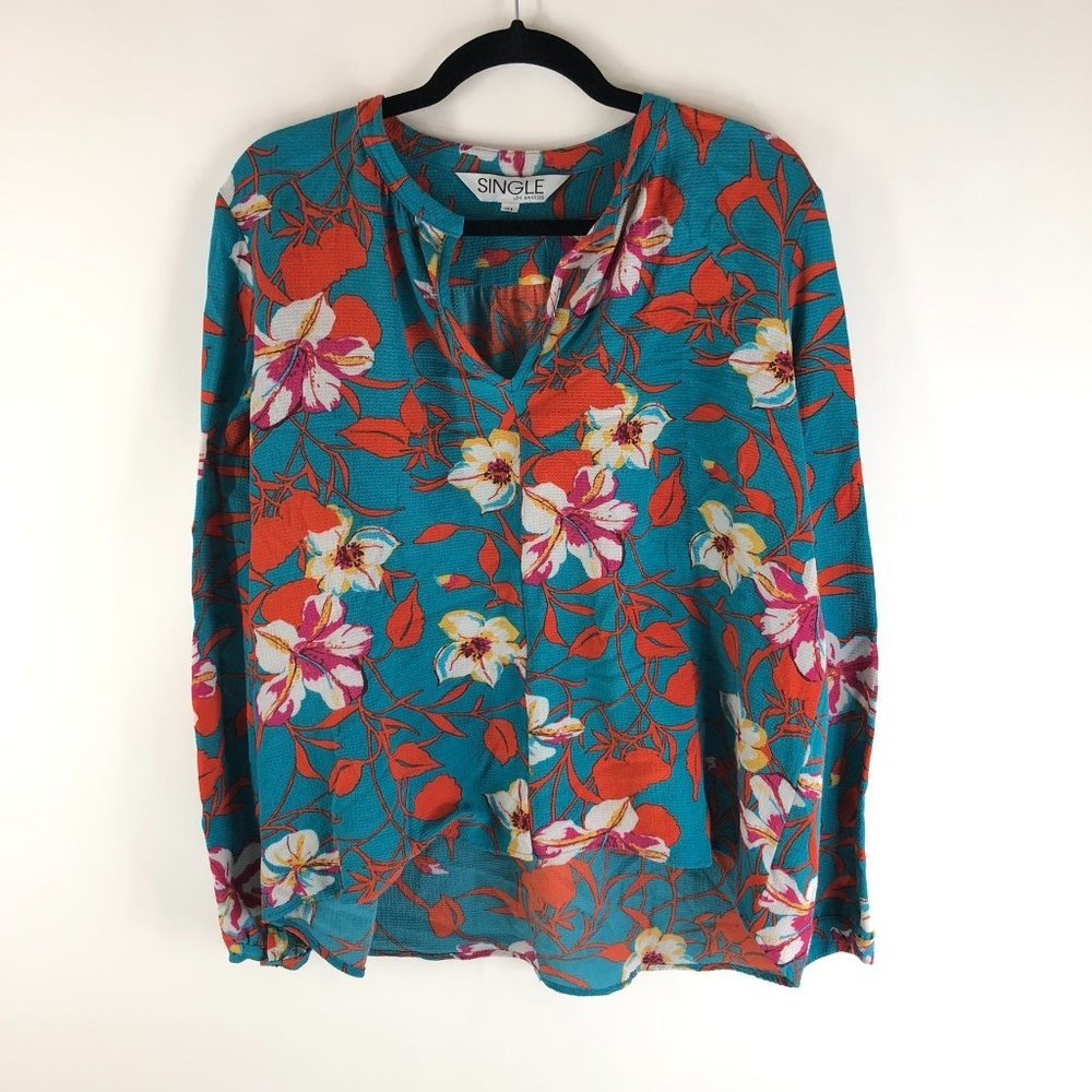 Single Los Angeles Hi-Lo Blouse Floral V Neck Long Sleeve Pullover Blue XL